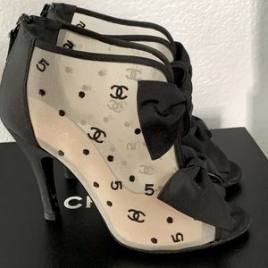 Chanel Black CC mesh logo open toe ankle booties